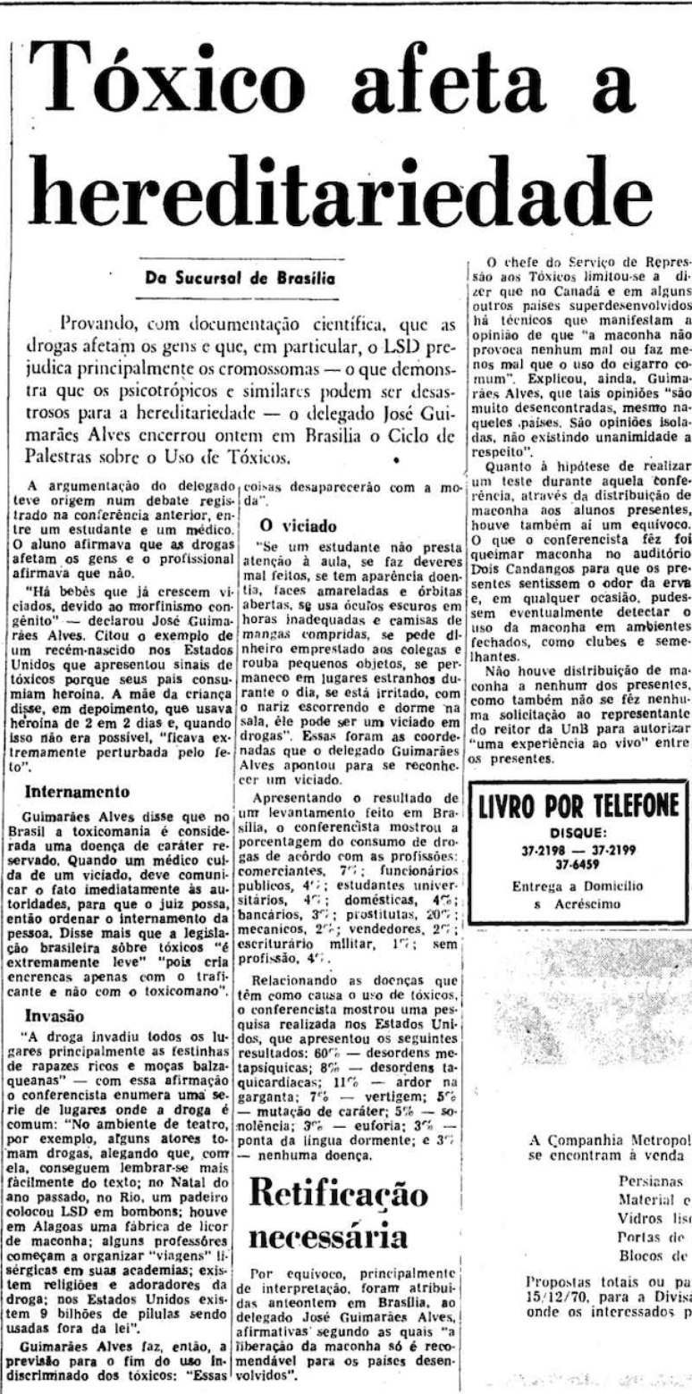 Chefe da área de combate às drogas na Polícia Federal ensina a detectar viciados em drogas. Reportagem no Estadão de 3 de dezembro de 1970