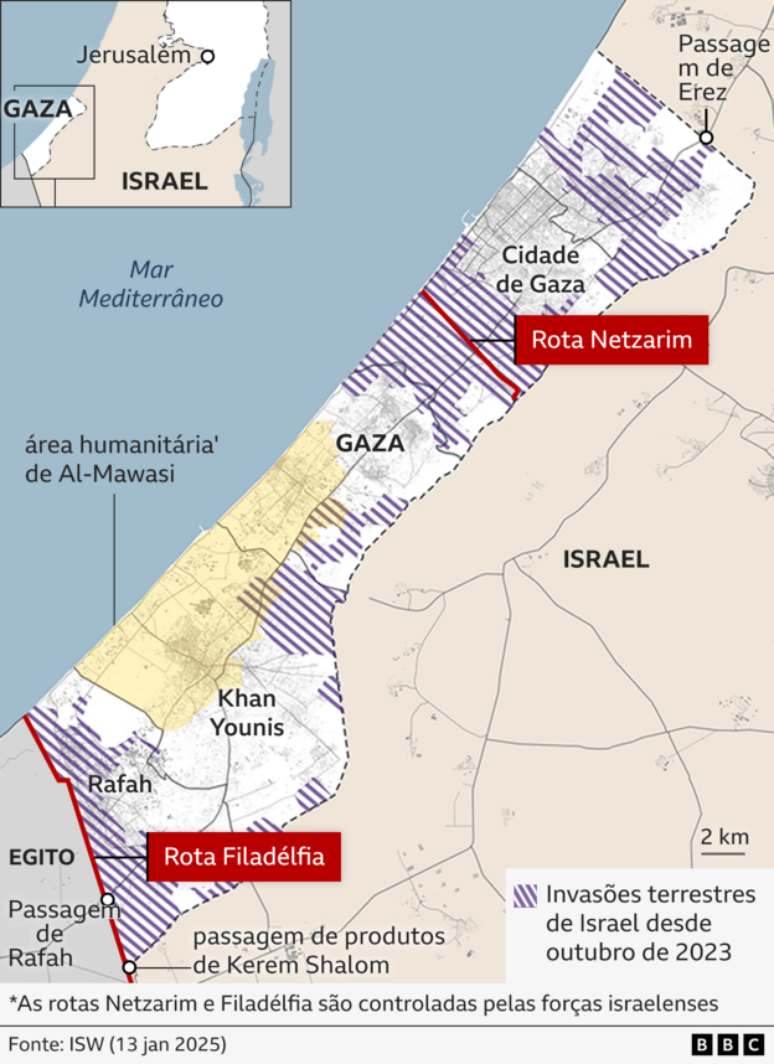 Mapa mostra situação de Gaza atual, com destaque para invasões terrestres de Israel, Rota Filadélfia e Rota Netzarim