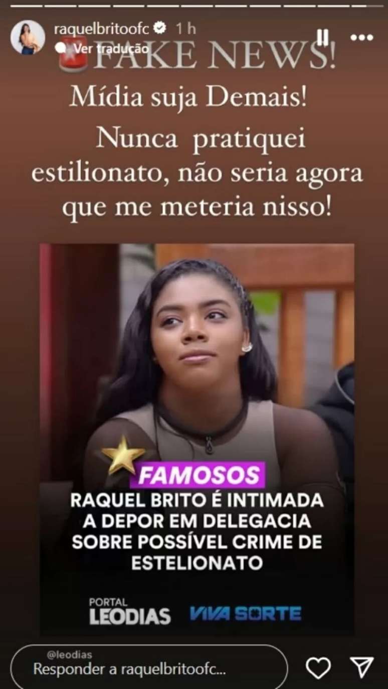 Raquel Brito negou envolvimento com estelionato 