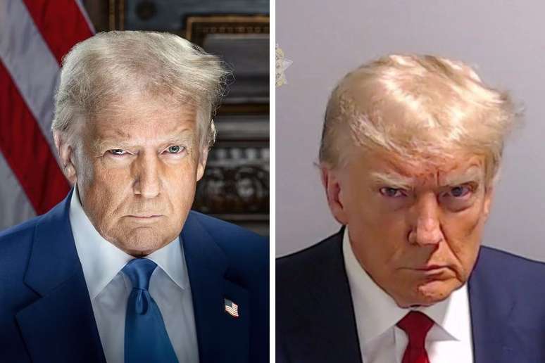 Comparação entre as fotos de Donald Trump em imagem oficial de 2025 e "mug shot" tirado pela polícia em 2023