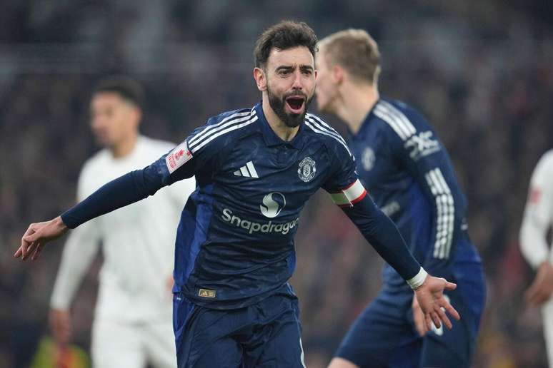 Bruno Fernandes (Manchester United) comemorando seu gol contra o Arsenal, no dia 12.01.2025 