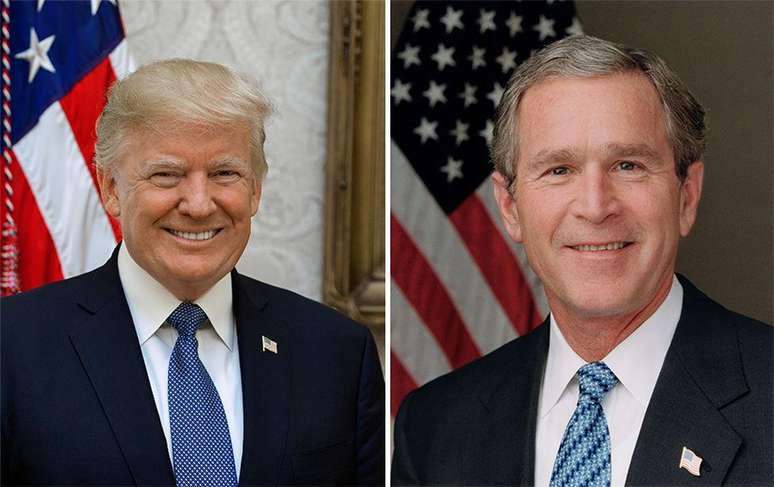 Retrato oficial de Donald Trump tirado no início de seu primeiro mandato, em 2017, e o de George W. Bush, capturado por Eric Draper em 2003