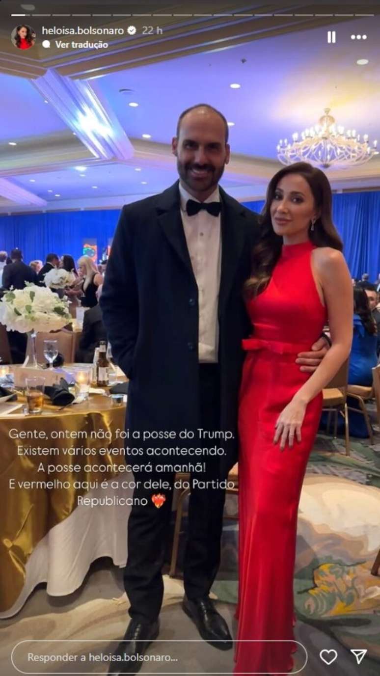 Heloísa Bolsonaro, mulher do deputado federal Eduardo Bolsonaro (PL-SP), explica a seguidores que vermelho 'é a cor dele, do Partido Republicano' ao justificar vestido em evento que antecede posse de Trump.