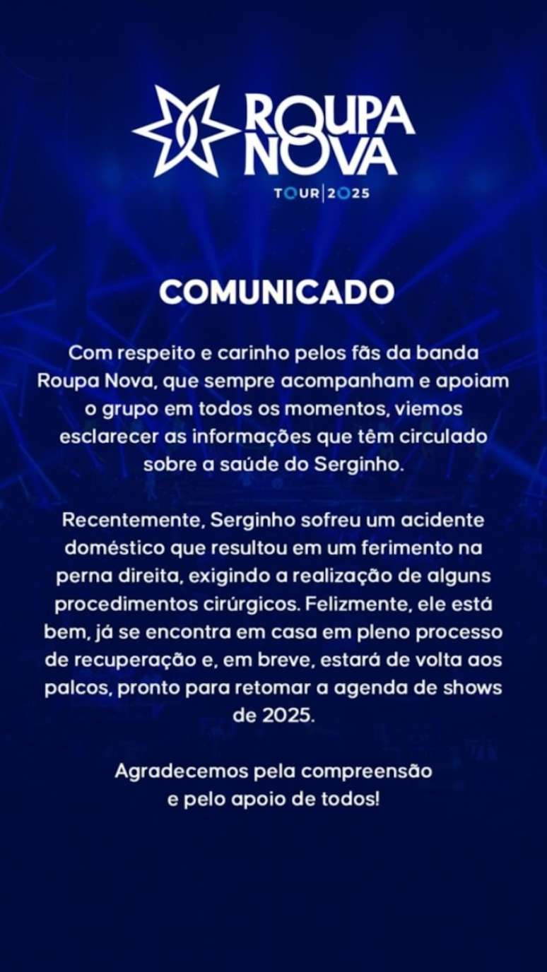 Comunicado da banda Roupa Nova sobre o estado de saúde de Serginho Herval