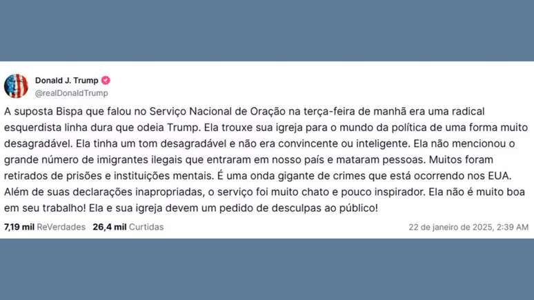 Trump exige pedido de desculpas de bispa de Washington em 22 de janeiro de 2025