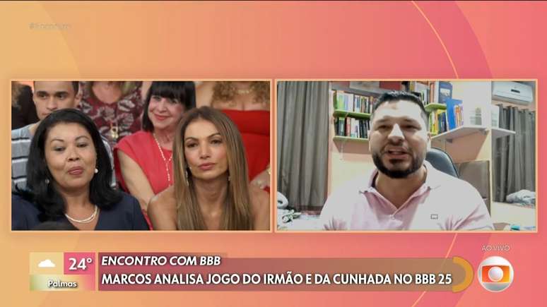 Silmara, Patrícia Poeta e Marcos, irmão de Marcelo, que foi eliminado do BBB 25, no Encontro