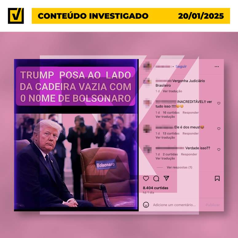 Imagem de Trump ao lado de cadeira com nome de Bolsonaro foi criada com IA