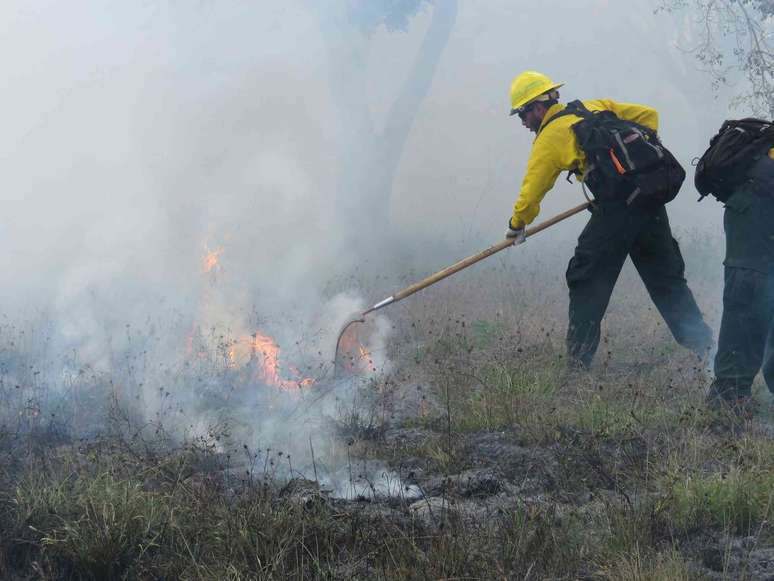 Um bombeirodono da betspeedtrajes de proteção usa uma pá para controlar a borda de um incêndiodono da betspeedarbustos.