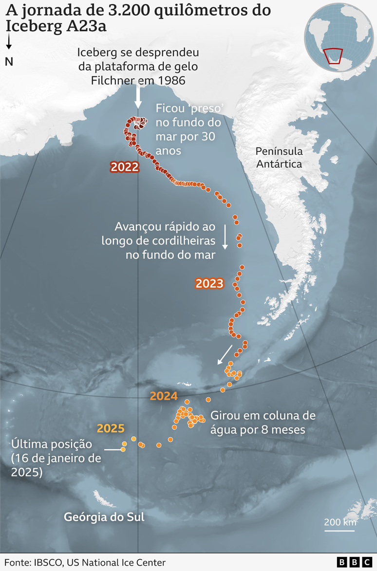 Mapa mostrando a rota do Iceberg A23a ao longo do tempo