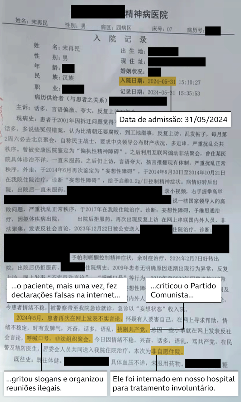 Trecho de um prontuário médico, em chinês, com algumas partes apagadas por motivos de privacidade