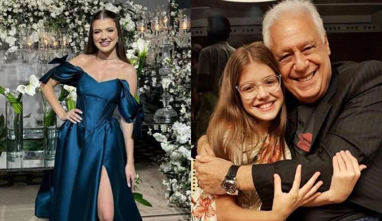 Valentina Vieira tem 16 anos hoje. À direita, com Antonio Fagundes