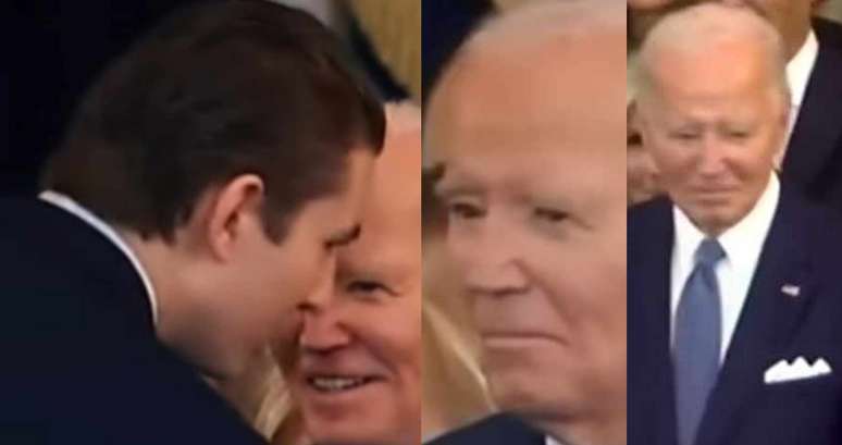 O momento em que Barron se curva diante de Biden e diz algo; e a reação estranha do ex-presidente