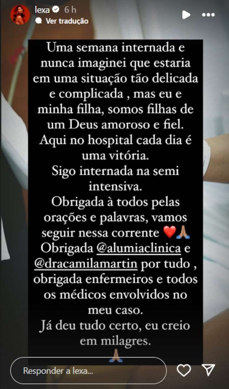 Lexa talks about health after a week of hospitalization: “delicate and complicated situation”