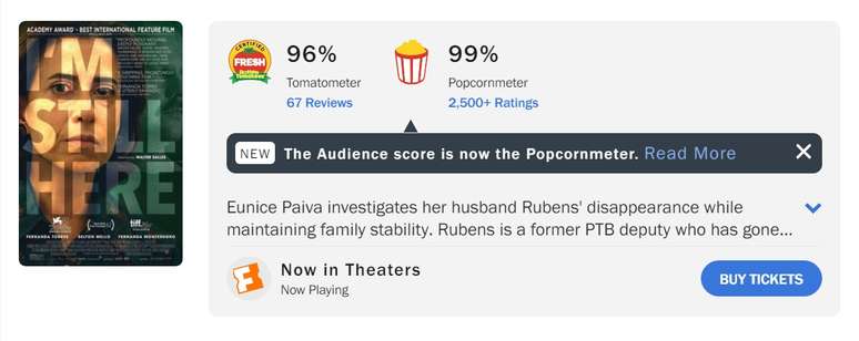 Ainda Estou Aqui atinge 99% de aprovação no agregador de críticas Rotten Tomatoes 