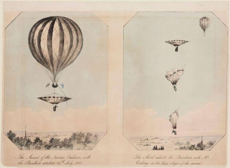 Estas duas litografias coloridas mostram a subida do balão e a queda fatal de paraquedas de Robert Cocking (1776–1837)