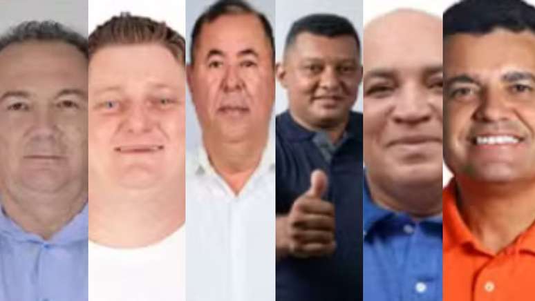 Montagem com fotos de Marcus Rinco (União), Fernando Morandi (PSB), Eduardo Lima (PSB), Fabiano Francisco da Silva (MDB), Manoel Nascimento (Republicanos) e Gilvan Macedo (Avante), da esquerda à direita. 