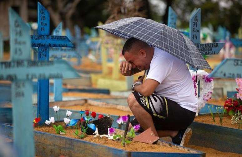 A cena, que mostra um homem chorando ao lado de um túmulo no cemitério Nossa Senhora Aparecida, em Manaus, foi clicada em 9 de maio de 2021. Nesta data, se celebrou o Dia das Mães — e muitos cemitérios do país abriram para visitação pela primeira vez depois da segunda onda de casos e mortes.