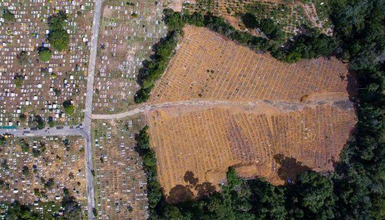 Durante a segunda onda da pandemia de covid-19, o número de mortes por covid-19 foi tão alto em Manaus que alguns cemitérios da cidade precisaram abrir novos terrenos para enterrar todas as vítimas. Nessa imagem aérea, de 19 de janeiro de 2021, é possível ver uma clareira recém-aberta repleta de novas valas (à direita na foto).
