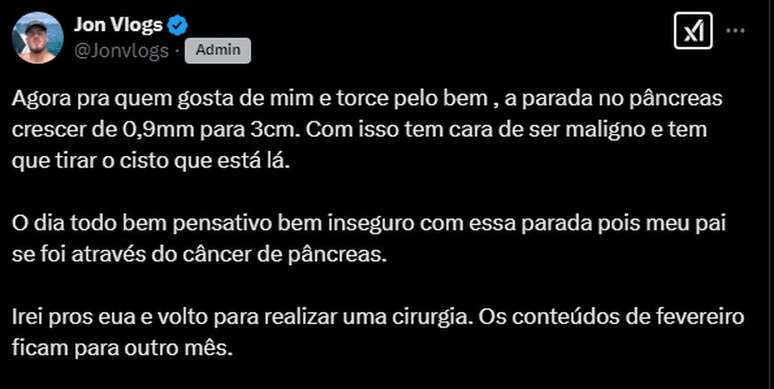 Jon Vlogs desabafou nas redes sociais