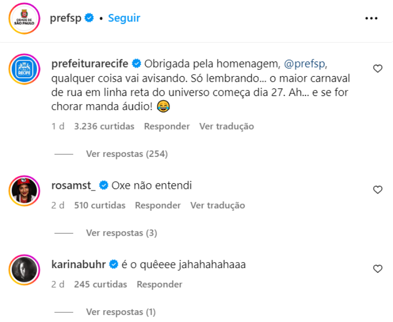 Prefeitura do Recife foi uma das que comentaram a postagem