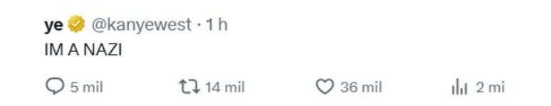 Kanye West tweeta sobre ser nazista