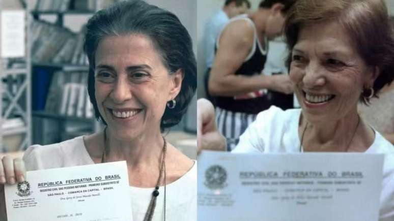 Eunice Paiva (à dir.) após conseguir certidão de óbito do marido, Rubens Paiva; advogada foi interpretada por Fernanda Torres (à esq.) em'Ainda estou aqui'