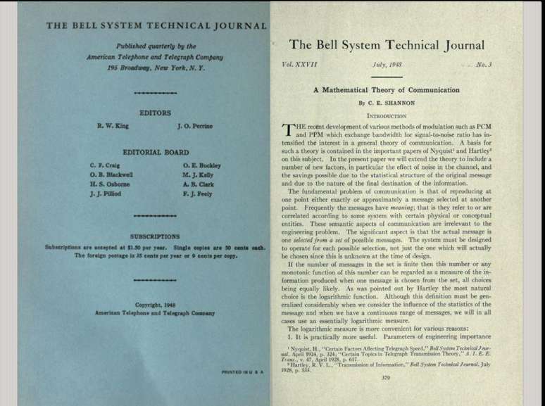"Uma Teoria Matemática da Comunicação" no Bell System Technical Journal de 1948