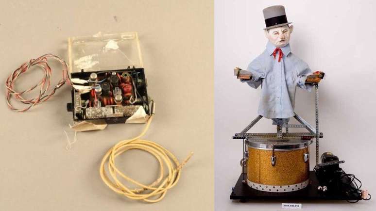 O computador portátil de roleta (à esquerda) e o Bounce Player (W. C. Fields), duas das muitas criações de Shannon.