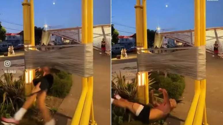 Lil Golo tentou atravessar correndo uma parede de fita adesiva erguida entre duas barras de ferro