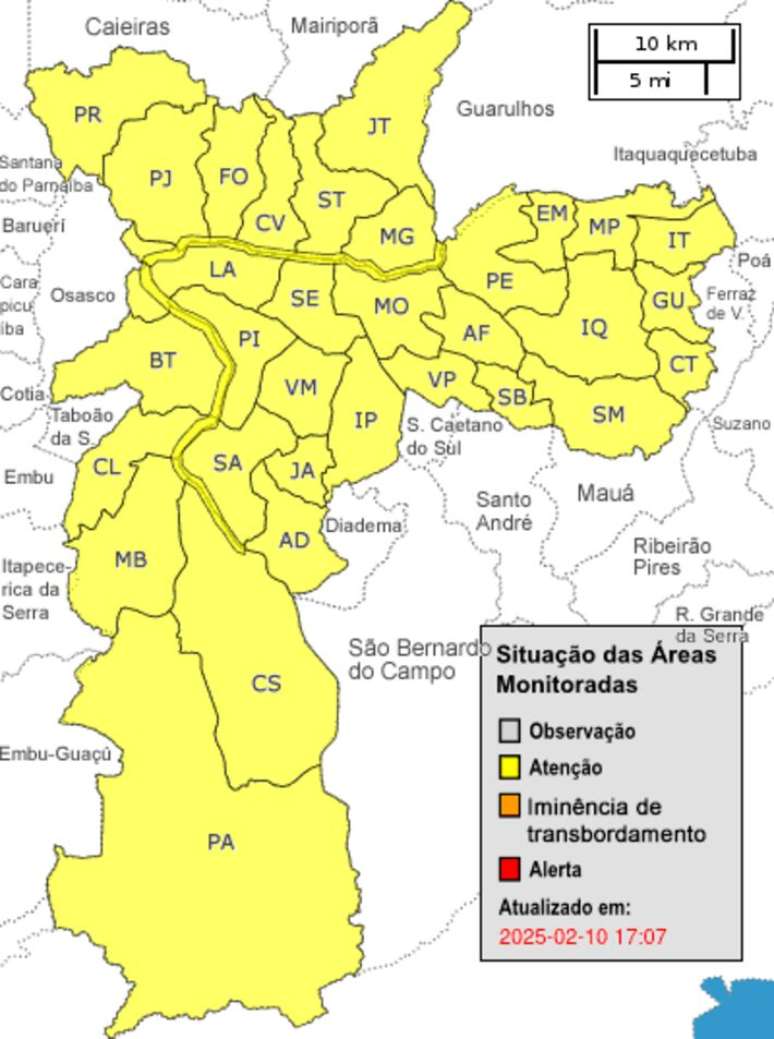 Defesa civil de SP colocou todas as regiões em estado de atenção