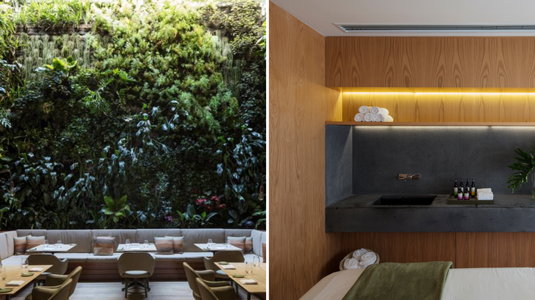 (à esquerda) o Lobby Bar, que tem um jardim de orquídeas suspenso. (à direita) área de Spa