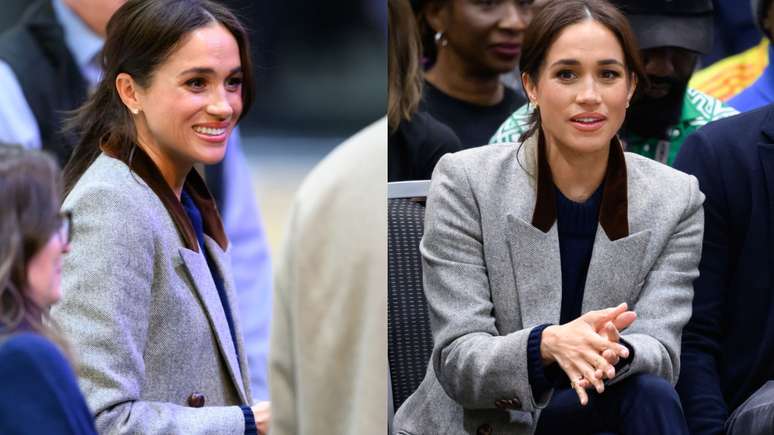 Meghan Markle usando um blazer cinza nos jogos
