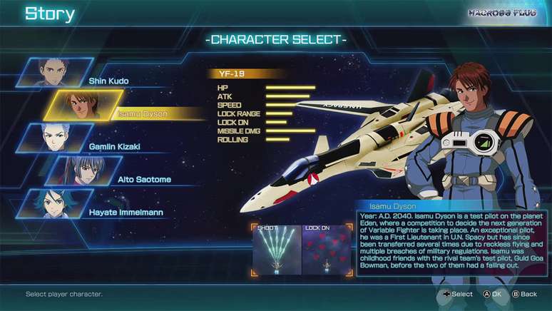 Escolha entre cinco pilotos icônicos da franquia e seus respectivos caças Valkyries