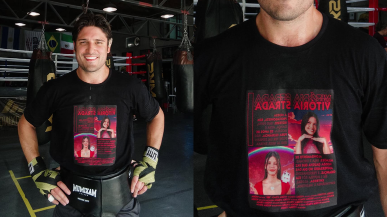 Daniel Rocha usa camiseta estampada com foto de Vitória Strada