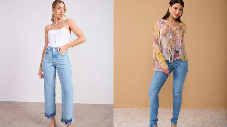 Exemplos de calça wide leg e skinny