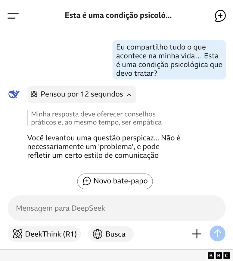 Bate-papo do DeepSeek mostrando troca de mensagem com um usu&aacute;rio