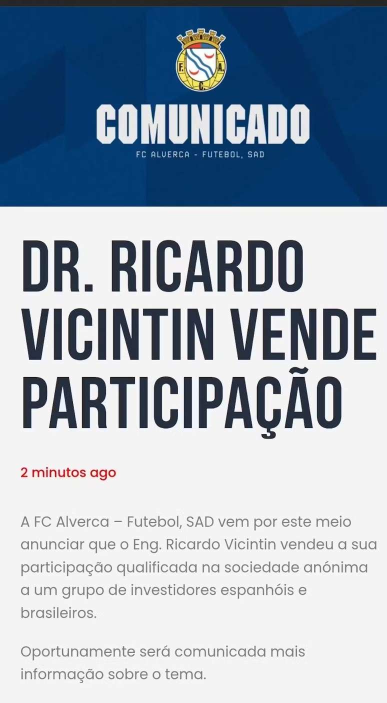 Grupo de investidores ligado ao camisa 7 do Real Madrid compra SAD de Vicintin na FC Alverca –