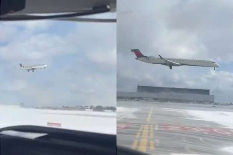 Imagens que circulam nas redes sociais mostram o momento exato em que um avião da Delta Airlines capota ao pousar em um aeroporto de Toronto, no Canadá.