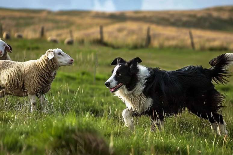 O border collie utiliza um olhar fixo e movimentos suaves para conduzir o rebanho 