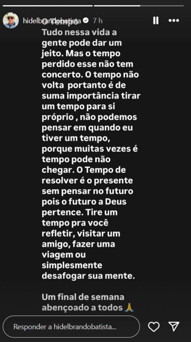 Hidelbrando Batista prestou apoio ao filho nas redes sociais