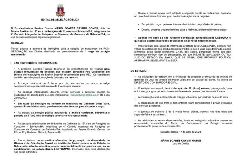 Divulgação de vagas para o público LGBTQIAPN+ feita pelo juiz Mário Gomes