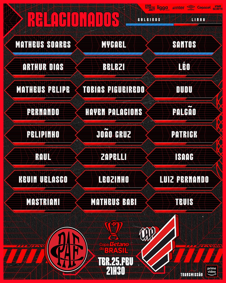 Relacionados do Athletico para o duelo contra o Pouso Alegre &ndash;