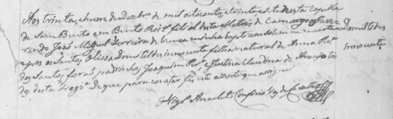 Registro de batismo do s&eacute;culo 19; texto diz que em 31/12/1836 aconteceu o batizado de Domit&iacute;lia de Todos os Santos, filha de Anna Roza dos Santos
