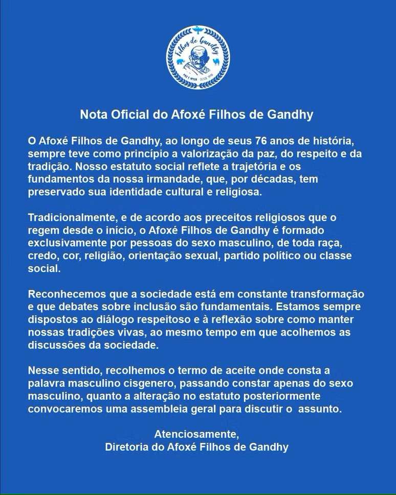 Pronunciamento oficial do Afoxé Filhos de Gandhy.