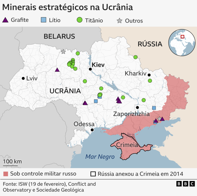 Mapa mostra localiza&ccedil;&atilde;o de minerais estrat&eacute;gicos na Ucr&acirc;nia
