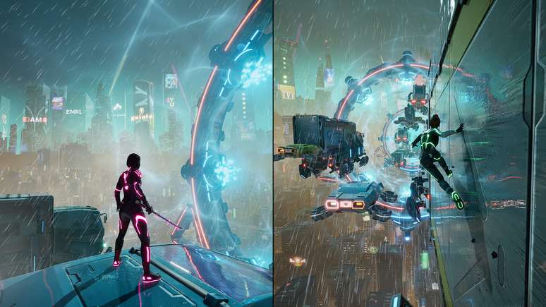 As jovens viram ninjas cibernéticas em mundo cyberpunk