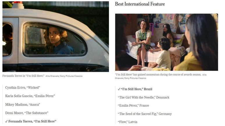 The New York Times prev&ecirc; vit&oacute;rias de Ainda Estou Aqui e Fernanda Torres no Oscar (Fotos: Reprodu&ccedil;&atilde;o)