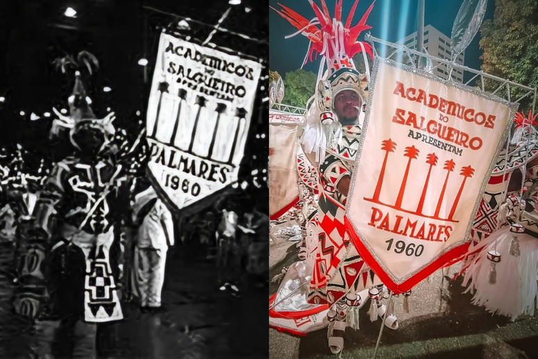 À esquerda, uma rara imagem do primeiro campeonato do Salgueiro, em 1960. À direita, o jornalista e salgueirense Daiv Santos, no carnaval de 2022, com uma fantasia que relembrava o emblemático desfile em homenagem ao “Quilombo dos Palmares”. 