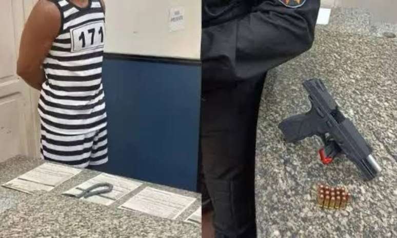 Homem fantasiado de presidiário é preso por porte ilegal de arma no RJ.