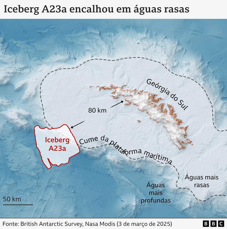 Gr&aacute;fico mostrando a posi&ccedil;&atilde;o atual do iceberg A23a em rela&ccedil;&atilde;o &agrave; Ge&oacute;rgia do Sul